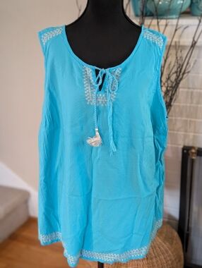 St. John’s Bay 2X Turquoise Boho Sleeveless Top Tassel Tie Embroidered Blouse